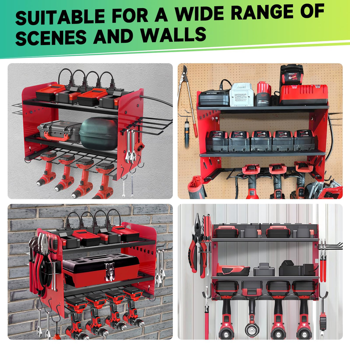 NRCUWI Garden Power Tool Organizer, Heavy Duty Tools Storage Rack Wall Mount with Charging Station, 3 Layers Yard Tool Shelf Drill Holder for Ryobi Tools - Ideal for Garage, Workshop NRCUWI
