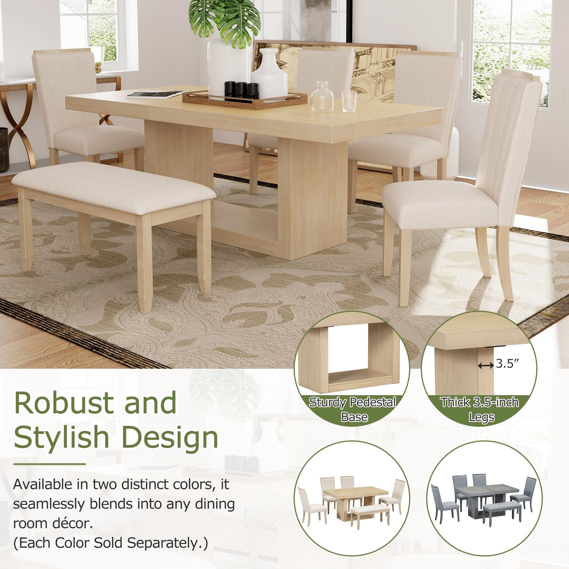 XD Designs 6-Piece Expandable Dining Table Set, Thickened Acacia Wood Dining Table with 18inch Removable Leaf and 4 Upholstered Dining Chairs& Bench for Kitchen Dining Room (Natural-2) - WoodArtSupply