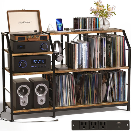 Large Record Player Stand with Charging Station – Turntable Stand & Record Cabinet with Vinyl Storage Holds 500+ LPs, 3-Tier Record Storage Table, Mid-Century Modern Record Stand for Living Room Faesun
