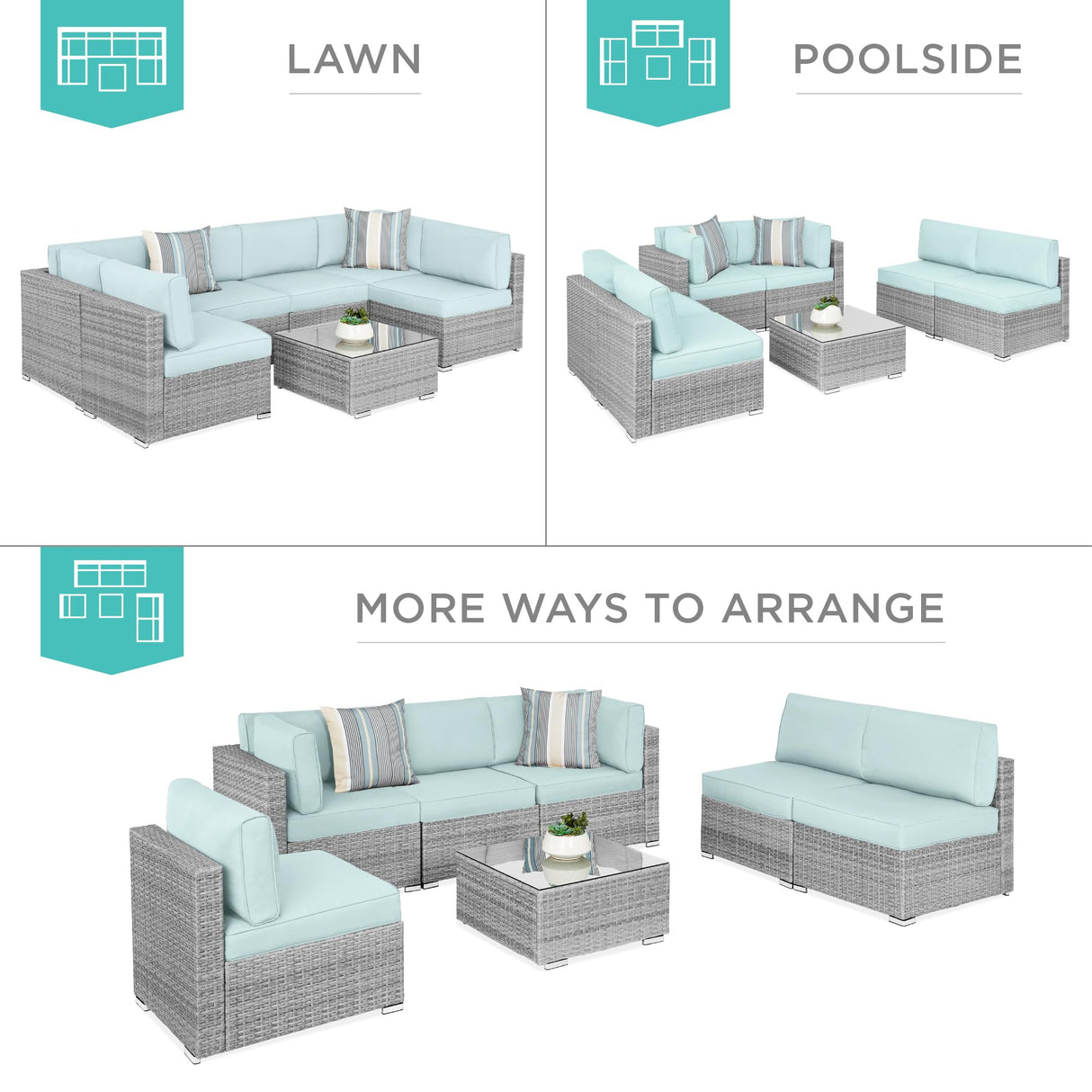 Best Choice Products 7-Piece Modular Outdoor Sectional Wicker Patio Conversation Set w/ 2 Pillows, Coffee Table, Cover Included - Gray/Pastel Blue Best Choice Products
