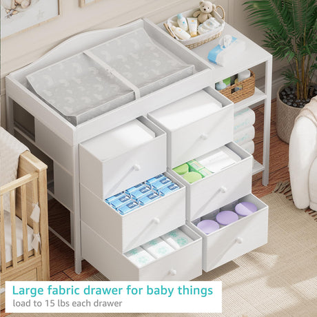 BOLUO Baby Dresser with Changing Table Top, White Changing Table Dresser with 6 Fabric Drawers Diaper Changing Station with Storage Shelf for Nursery Modern BOLUO