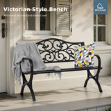 MFSTUDIO 50 Inches Outdoor Garden Bench, Cast Iron Metal Frame Patio Park Bench with Floral Pattern Backrest, Arch Legs for Porch Lawn Garden Yard(Black) MFSTUDIO