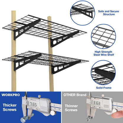 WORKPRO 2-Pack 2x4FT Garage Wall Shelving, 48” x 24” Heavy Duty Wall Mounted Shelving, 400lbs Load Capacity (Total), Metal Wall Shelves Suitable for Shop, Shed, Garage Storage, Black, 1 Sets