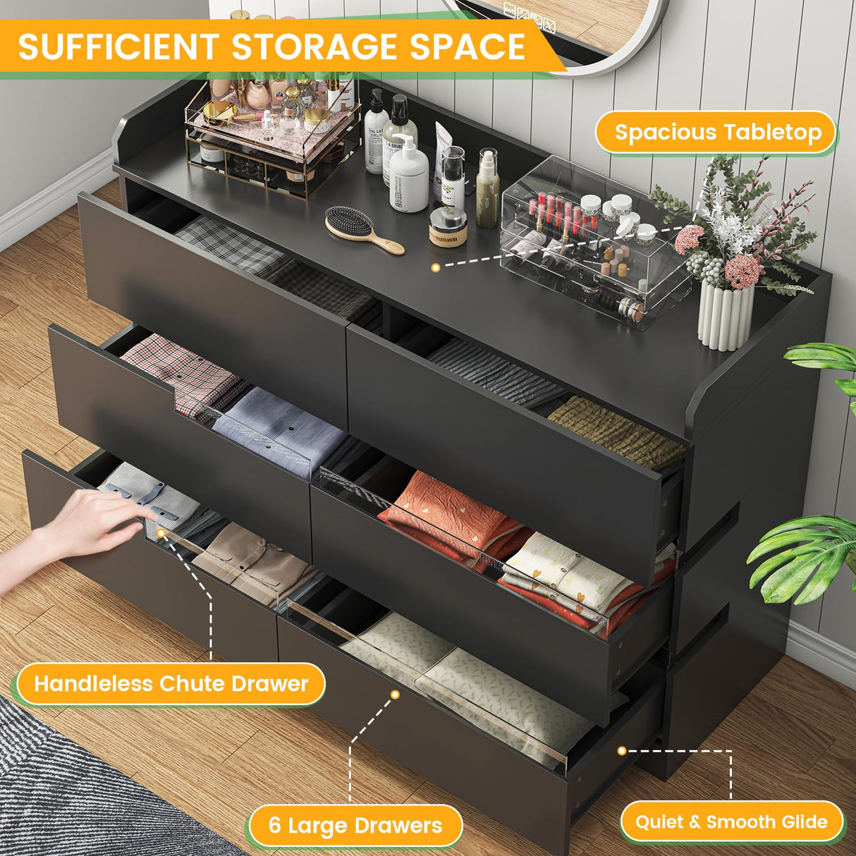 Frmobepts 6 Drawer Dresser with Charging Station and LED Light, Modern Wide Chest of Drawers for Bedroom or Living Room, 47.2" D x 15.7" W x 33.5" H, Black Frmobepts