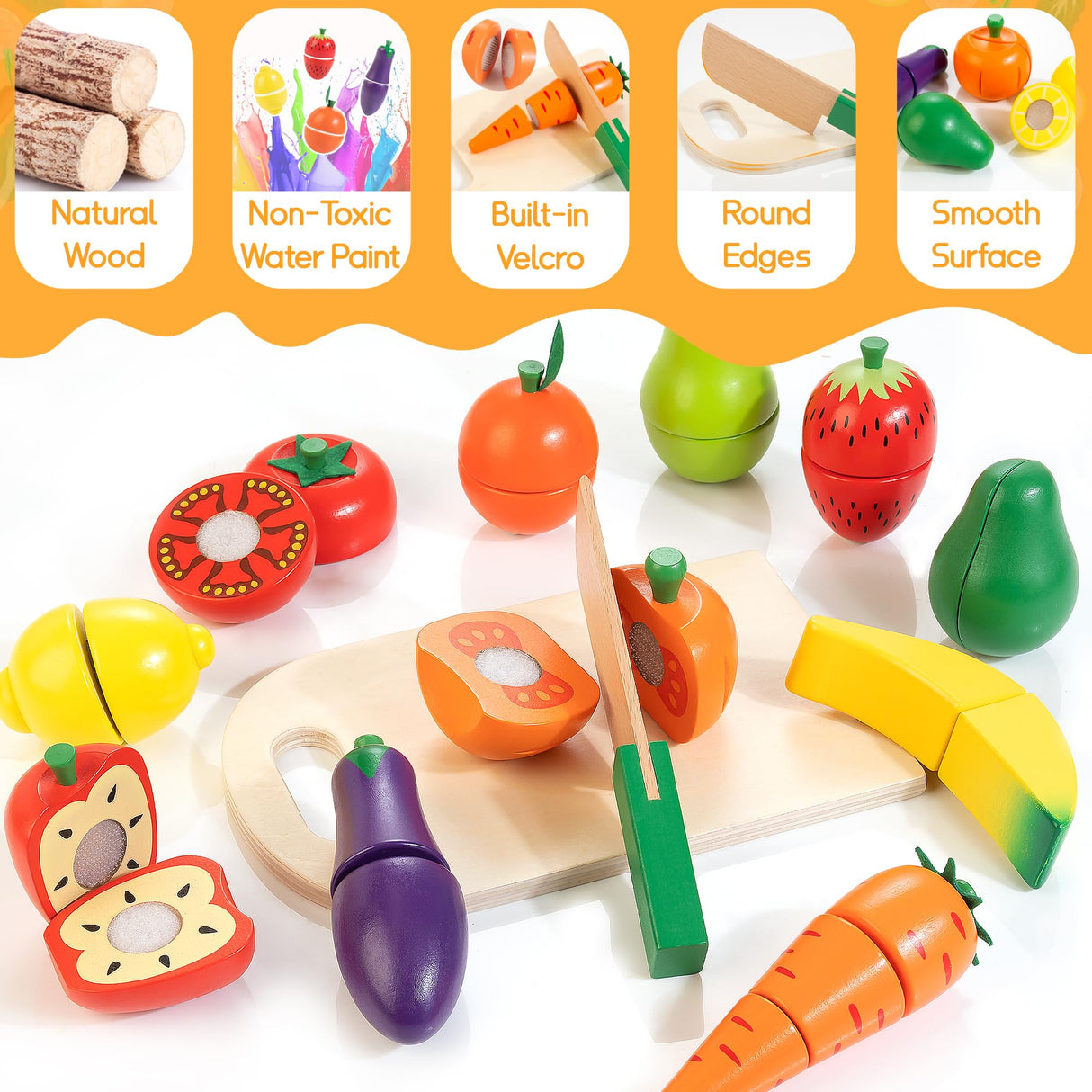 Wooden Play Food for Toddlers, Velcro Fruit and Veggies Cutting Set for Kids, Pretend Food Play Kitchen Accessories for 3 4 5 6 7 Years Old Boys & Girls WOODMAM