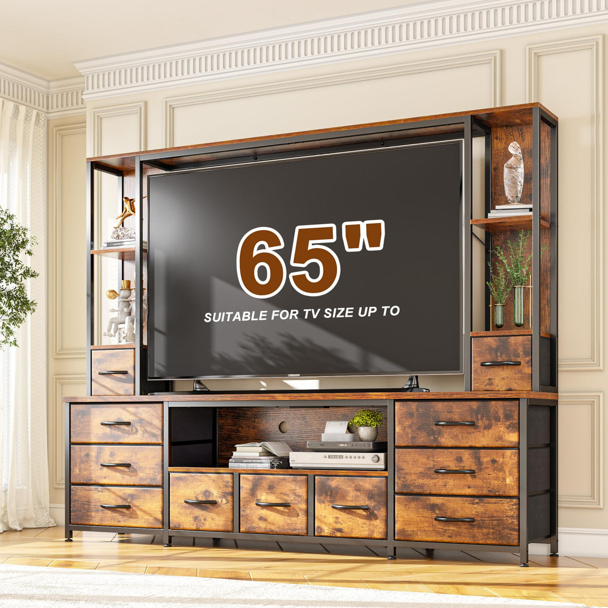 78.6" W TV Stands for Living Room, Large Wall Unit Entertainment Center with 11 Fabric Drawer,Dresser TV Stand with 2 LED Lights & Power Outlets,TV Stand for Bedroom with Storage Shelves,Brown EnHomee