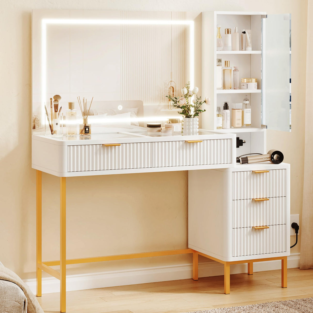 EROMMY 48" Fluted Makeup Vanity Desk with 36" Large Mirror and Lights, Big Vanity Table with 5 Drawers, 3 Storage Shelves and Charging Station, Modern Glass Top Dressing Table Set for Bedroom EROMMY