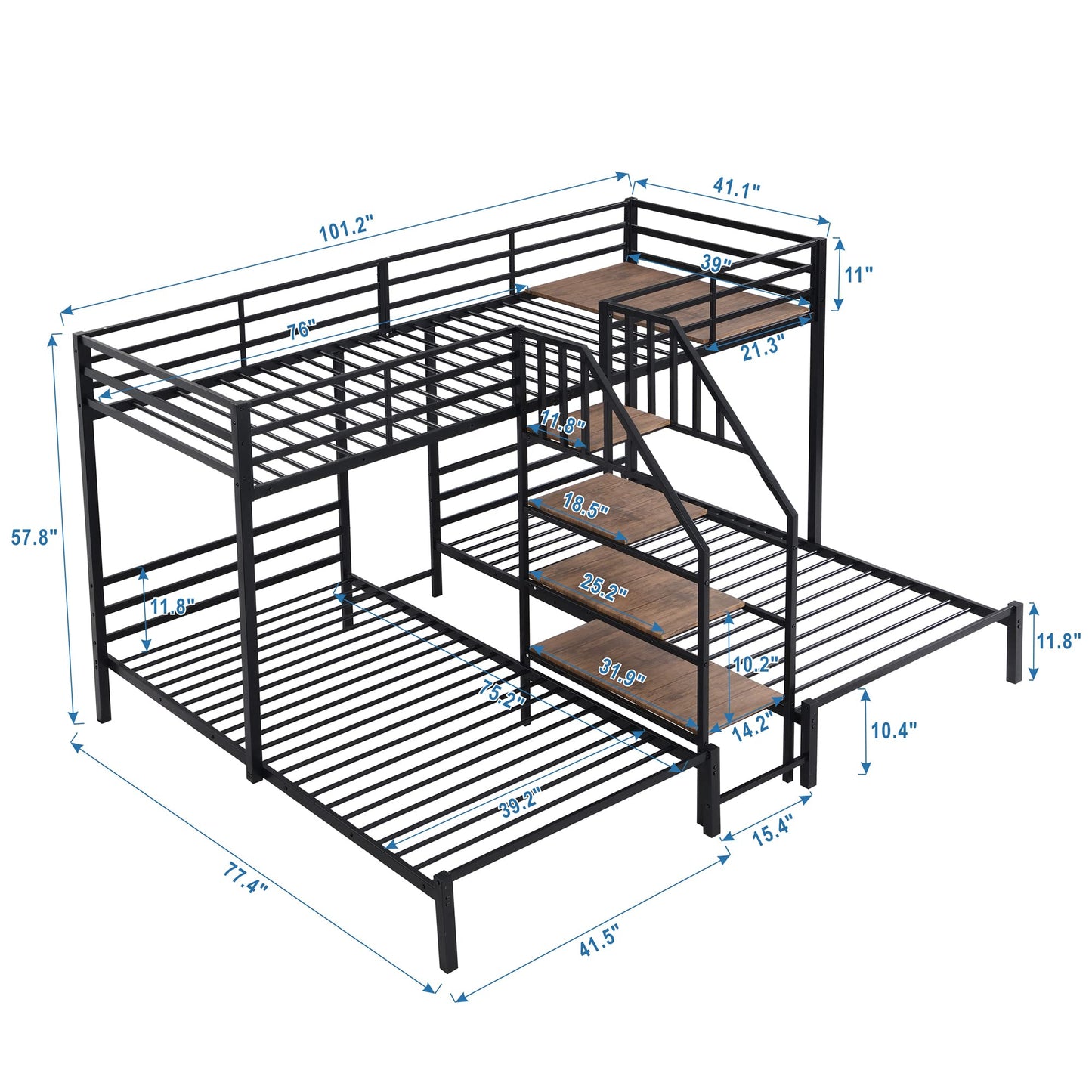 Harper & Bright Designs Metal Triple Bunk Bed with Stairs, 3 Beds Bunk Bed, Twin Over Twin & Twin Bunk Bed with Storage Shelves Staircase, for Kids Teens Adults, Black