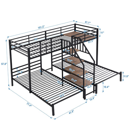 Harper & Bright Designs Metal Triple Bunk Bed with Stairs, 3 Beds Bunk Bed, Twin Over Twin & Twin Bunk Bed with Storage Shelves Staircase, for Kids Teens Adults, Black