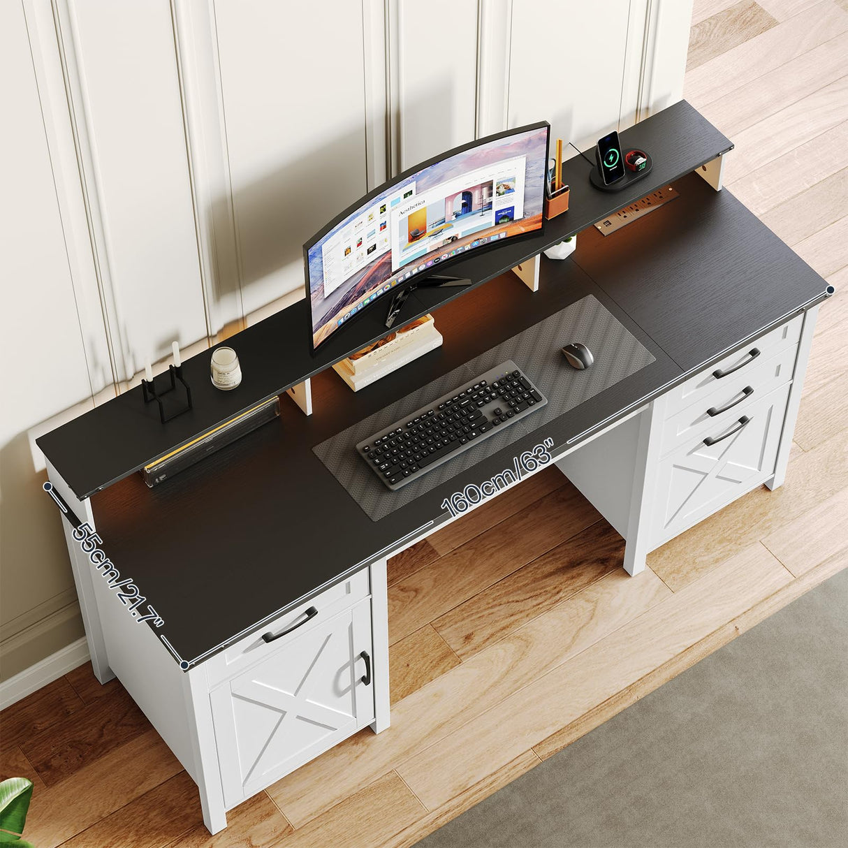 HOOBRO Farmhouse Executive Desk with Drawers, 63" Large Farmhouse Desk with Power Outlet & LED Light, Office Desk with Drawers, Computer Desk with File Cabinet, Writing Desk with Monitor Stand, White HOOBRO