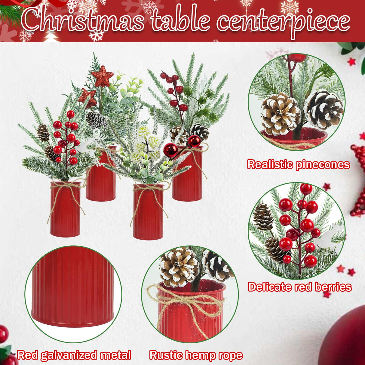 Succwoah 4 Pcs Christmas Centerpiece Table Decorations Artificial Potted Plants Floral Arrangement with Red Berries Pinecones Stars Balls for Home Desktop Farmhouse Party Decor Succwoah
