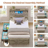 Hasuit Farmhouse Bed Frame Twin Size with 2 Storage Drawers, Wooden Platform Twin Bed with LED Lights and Charging Station, Rustic Accent Headboard with Sliding Barn Door Storage Cabinets Hasuit