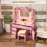 Vlsrka Vanity Desk with Large Mirror and Lights, 43.3" Makeup Vanity Desk with Charging Station and 6 Drawers, Makeup Dressing Table with Storage Stool for Bedroom (Pink) Vlsrka