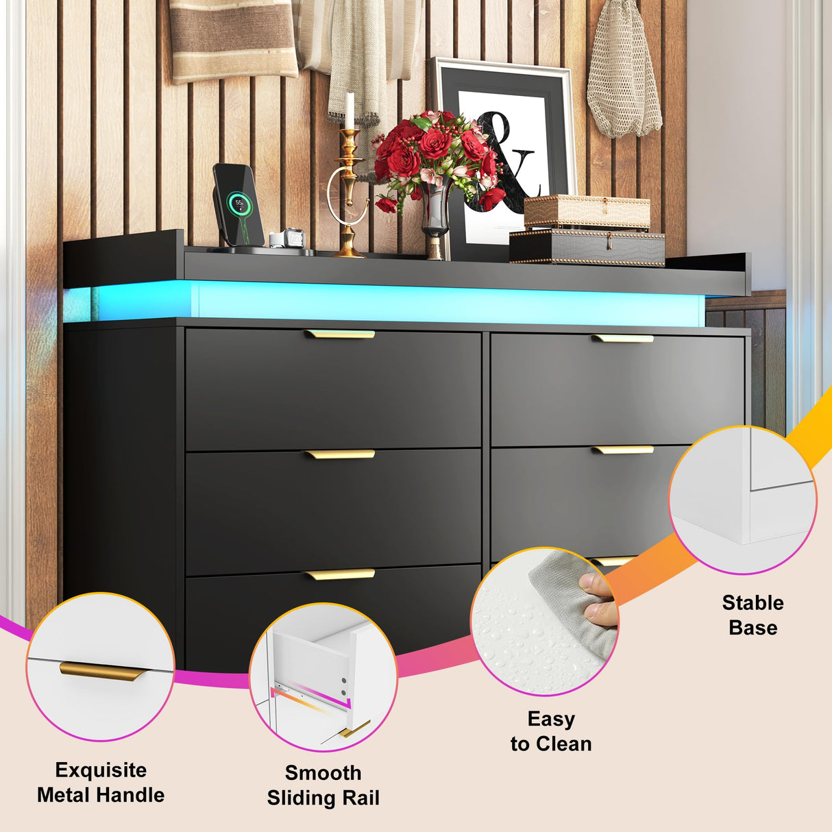 knoworld 6 Drawer Dresser for Bedroom, Black Dresser with LED Lights and Power Outlet, Wooden Dresser Modern Chest of Drawers, Tall Wide Drawer Dresser for Bedroom, Living Room, Entryway, Hallway knoworld