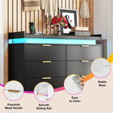 knoworld 6 Drawer Dresser for Bedroom, Black Dresser with LED Lights and Power Outlet, Wooden Dresser Modern Chest of Drawers, Tall Wide Drawer Dresser for Bedroom, Living Room, Entryway, Hallway knoworld