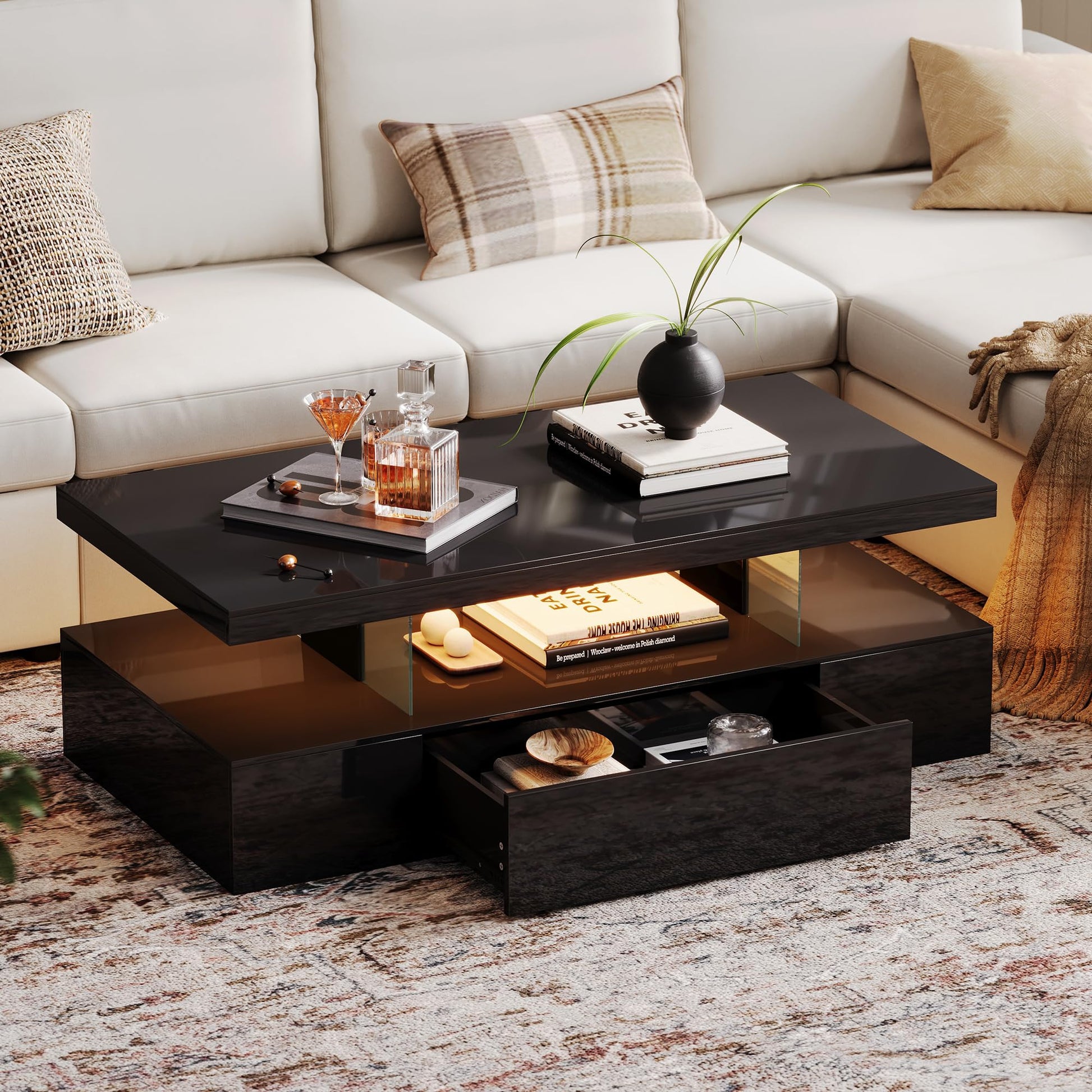 ChooChoo Modern LED Coffee Table, High Glossy Coffee Table with Drawer, Black Coffee Table with Storage for Living Room, Bedroom - WoodArtSupply