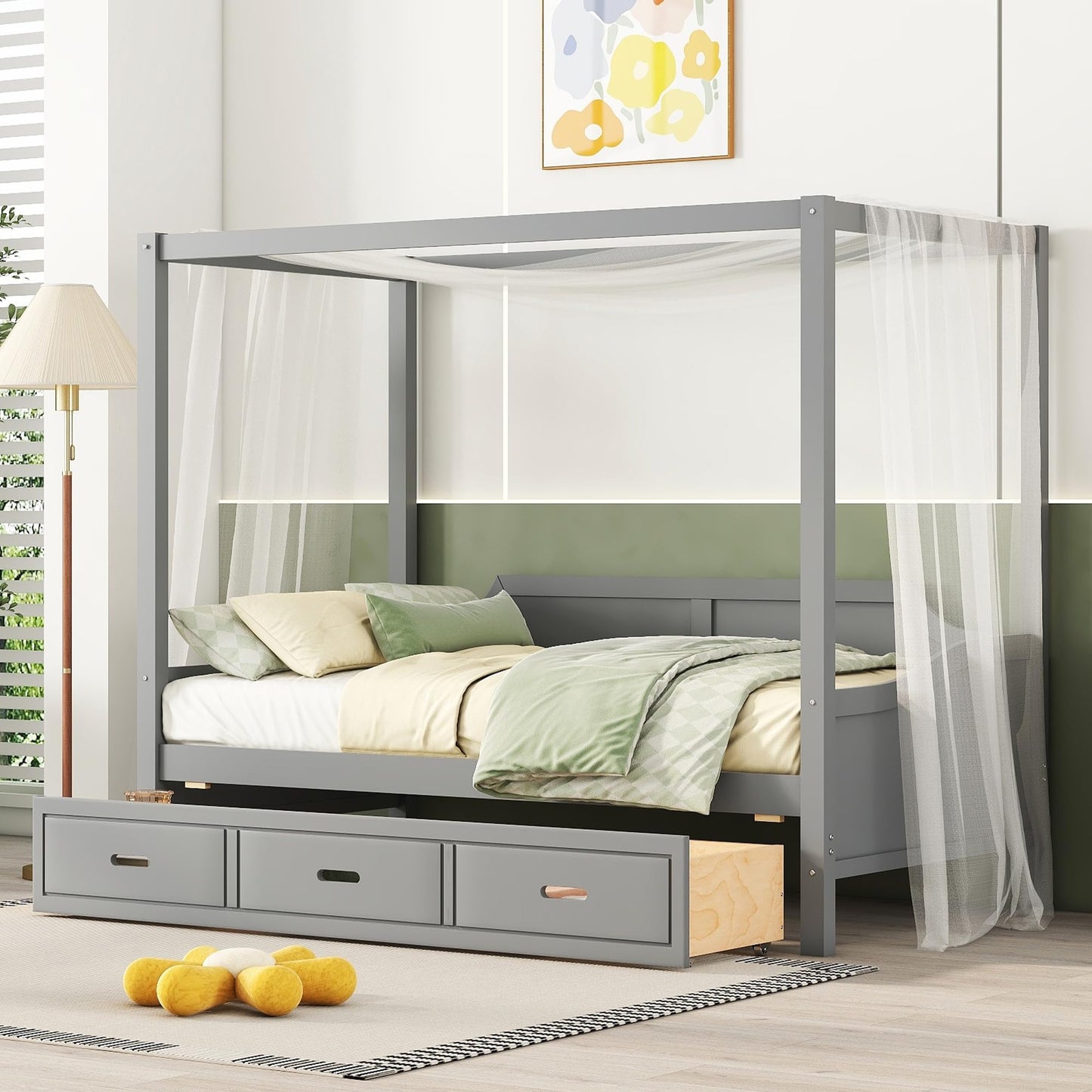 Twin Size Canopy Bed Frame with 3 Storage Drawers,Wood Canopy Bed Frame,4-Post Canopy Bed Twin Size for Kids,Teens,Adults,Gray