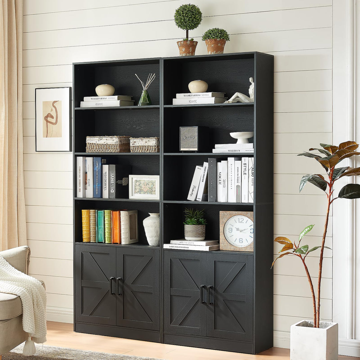 RWYHG 70in Tall Bookshelf 6 Tier Bookcase with Barn Doors and Adjustable Shelf, Black Farmhouse Book Shelves with Storage Cabinet,Wood Floor Standing Display Bookshelve for Bedroom,Living Room,Kitchen RWYHG