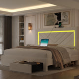 Fastroby Queen Size Bed Frame with Adjustable Headboard and 2 Storage Drawers, Upholstered Bed Frame Queen with RGB LED Light and Charging Station, Easy Assembly, No Box Spring Needed, Off White Fastroby