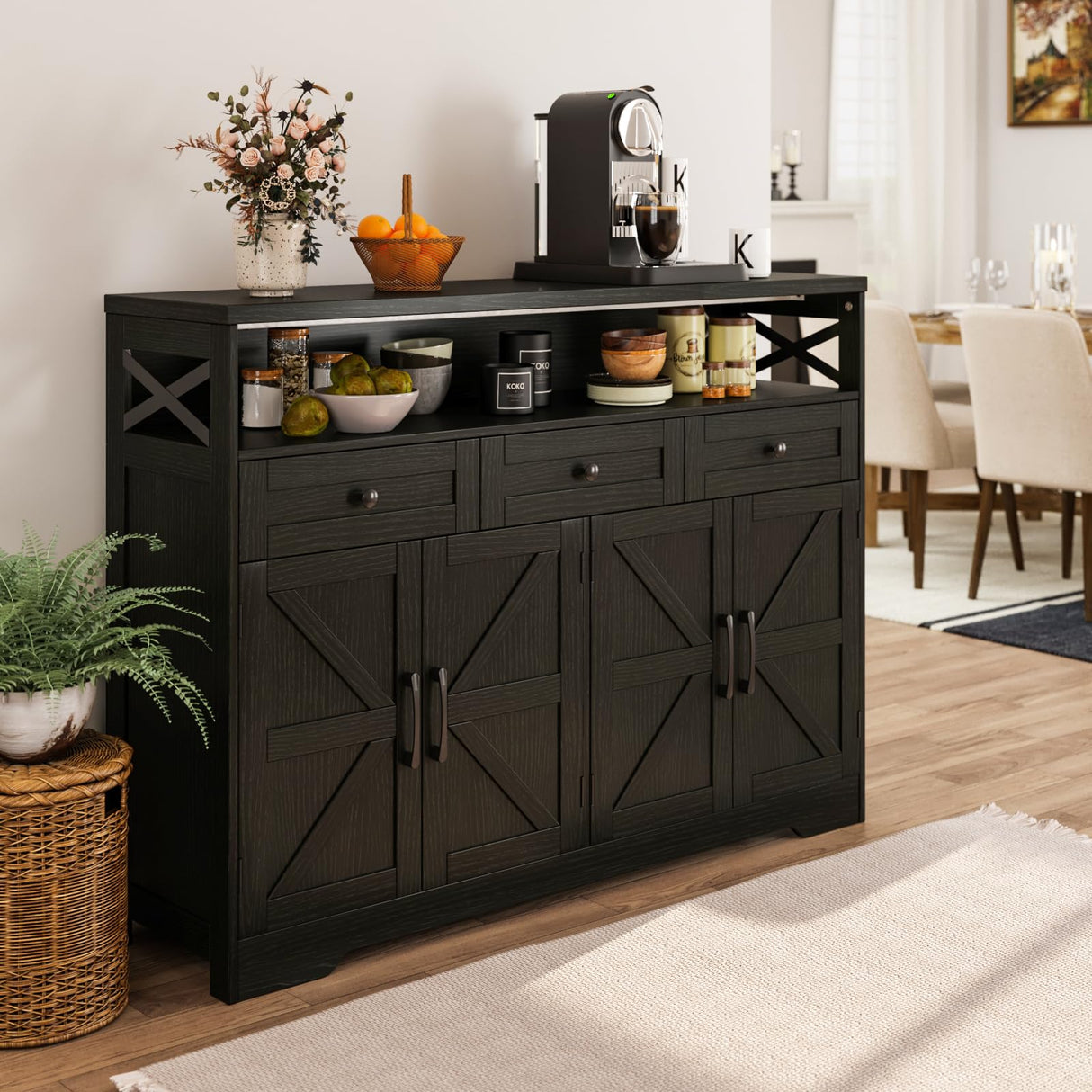 Befrases 51" L Modern Farmhouse Sideboard Buffet Cabinet, Black Storage Cabinet with Drawers & Shelves, Kitchen Pantry Hutch Cabinet, Coffee Bar Station Table for Living Room, Dining Room, Entryway Befrases