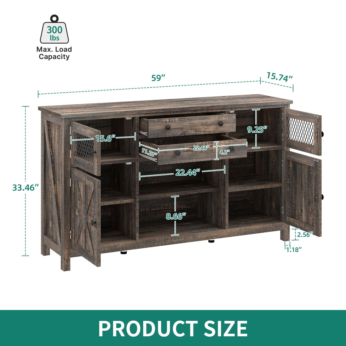 YITAHOME Farmhouse TV Stand for TVs up to 65", Entertainment Center with 2 Large Drawers & Visual Grid Door, 59" Rustic TV Consoles for Living Room, TV Media Console, Dark Rustic Oak YITAHOME