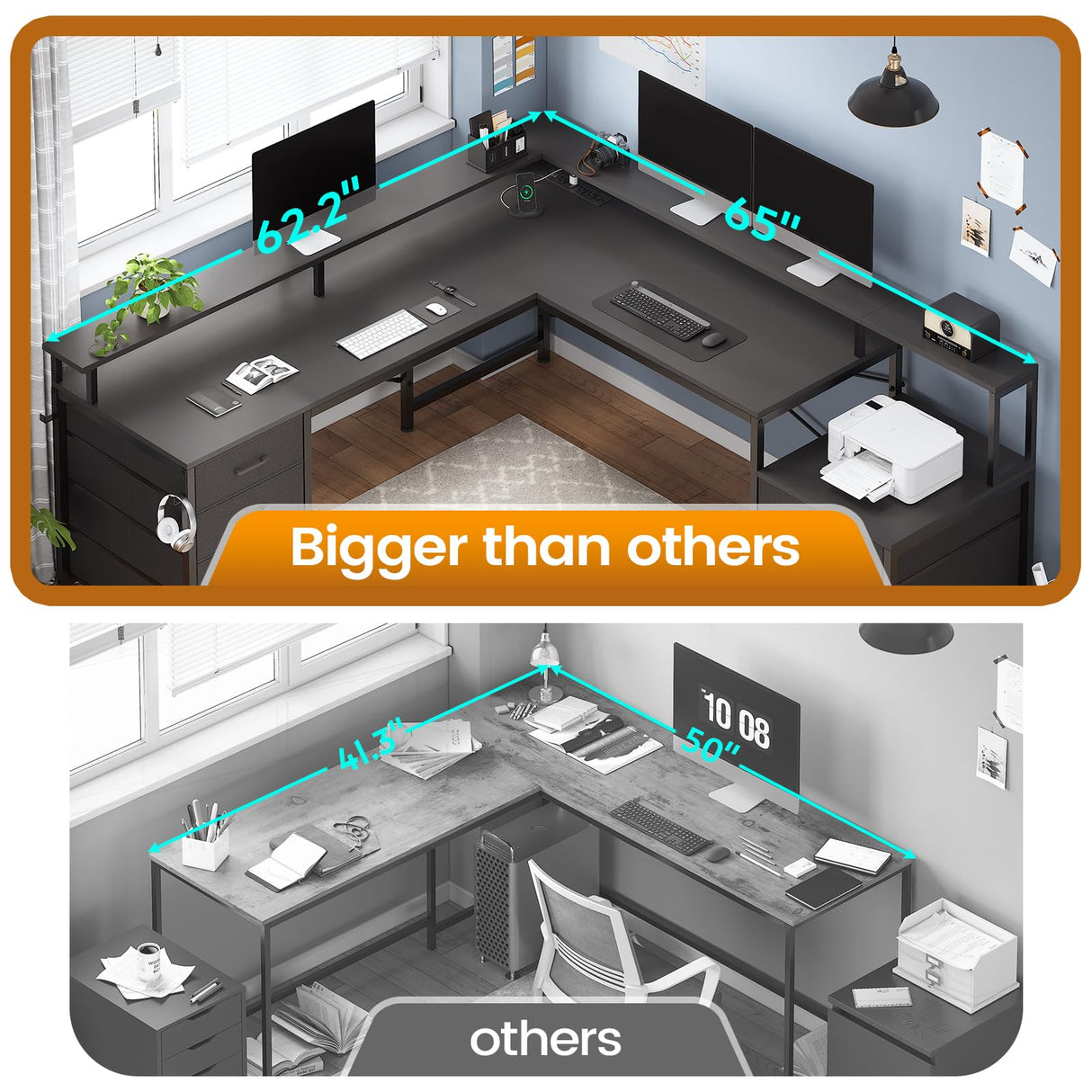 SEDETA L Shaped Desk with 6 Drawer, 108" Home Office Desk with File Drawer & Power Outlet, Corner Computer Desk with Monitor Shelf, File Cabinet, Two Person Desk, Gaming Desk with Led Lights, Black SEDETA