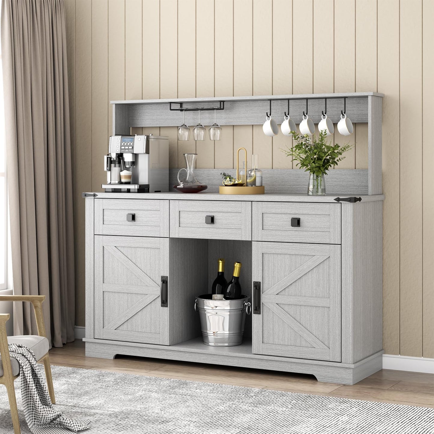 Gyfimoie Farmhouse Bar Cabinet with Hutch, Kitchen Buffet Cabinet with Storage Cabinet & 3 Sliding Drawers, Adjustable Shelf, Goblet Holder, Cup Hooks for Living Room, Dining Room Use (Grey)