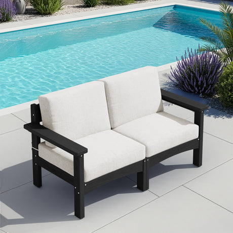 SERWALL HDPE Patio Loveseat Sofa, 2 Pieces Single Sofa, Weather-Resistant Outdoor Furniture Chair with Thick Removable Cushion, Balcony, Garden, Backyard, Poolside, Black Frame with Khaki Cushion SERWALL
