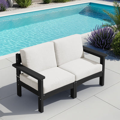 SERWALL HDPE Patio Loveseat Sofa, 2 Pieces Single Sofa, Weather-Resistant Outdoor Furniture Chair with Thick Removable Cushion, Balcony, Garden, Backyard, Poolside, Black Frame with Khaki Cushion