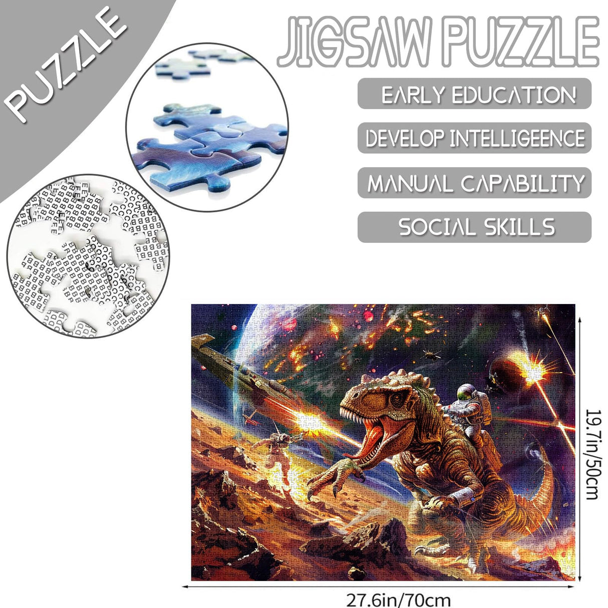 Dinosaur Jigsaw Puzzles 1000 Pieces for Adults, Families (Fierce Animal,Flame,Fighter,Astronaut,Universe, Pieces Fit Together Perfectly 19.7''x27.6''inch Performance Frameable Wildlife Puzzle Art TUMOVO