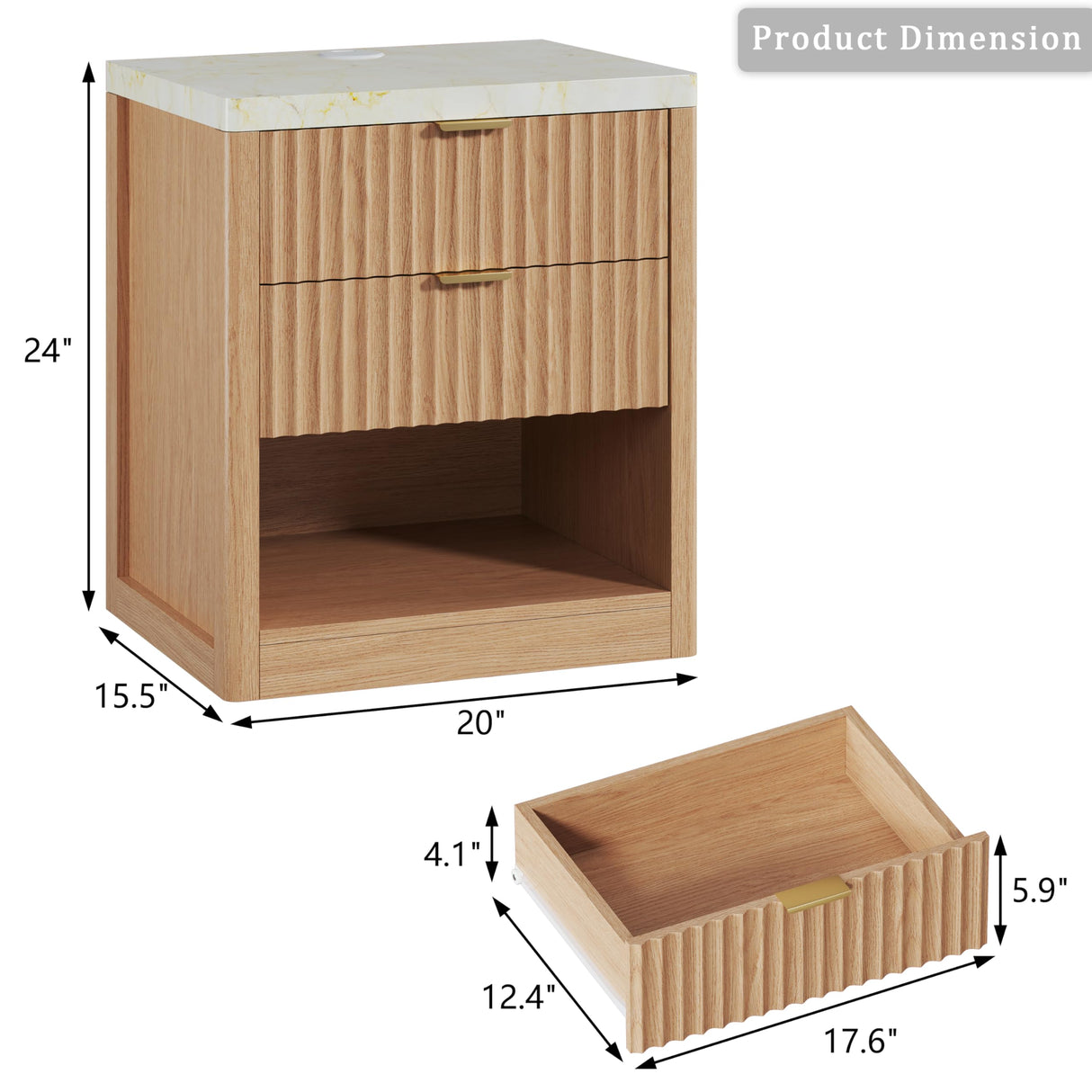 Fluted Nightstand with 2 Drawers, 24'' Night Stand with Wireless Charging Station, Mid Century Modern Side Table with Faux Marble Top, Large Wooden Bedside End Table for Bedroom, Oak HUAHUU