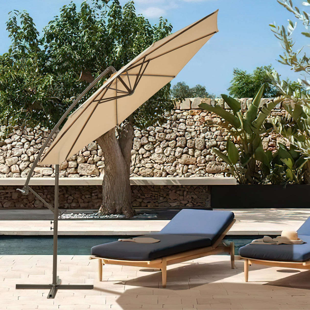 Ayge 10ft Offset Cantilever Hanging Outdoor Patio Umbrella Market Umbrella UV Resistant with Easy Tilt,Heavy-Duty Pool Umbrella for Lawn, Backyard,Garden,Yard,Beige Ayge