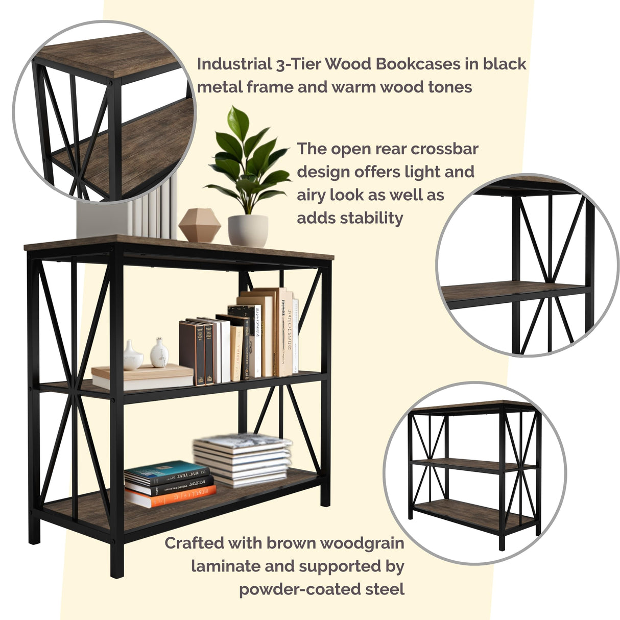 Lavish Home 3-Tier Industrial Bookshelf - Freestanding Open Bookcase for Home or Office Organization and Storage - Book Organizer (Brown Woodgrain) Lavish Home