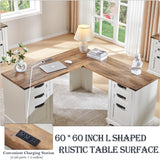 RedLemon 60" Farmhouse L Shaped Executive Desk with Drawers, Wood Home Office Corner Desk with Charging Station, File Drawer, Storage Cabinet, Rustic Computer Writing Desk (Antique White) RedLemon