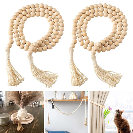 DECORKEY Farmhouse Wood Beads Garland Decor, 2 Pack 58 Inch Wooden Beads for Boho Home Decor with Tassels, Rustic Country Decor for Coffee Table, Wall, Shelf, Tray, Vase, Living Room, Bedroom DECORKEY