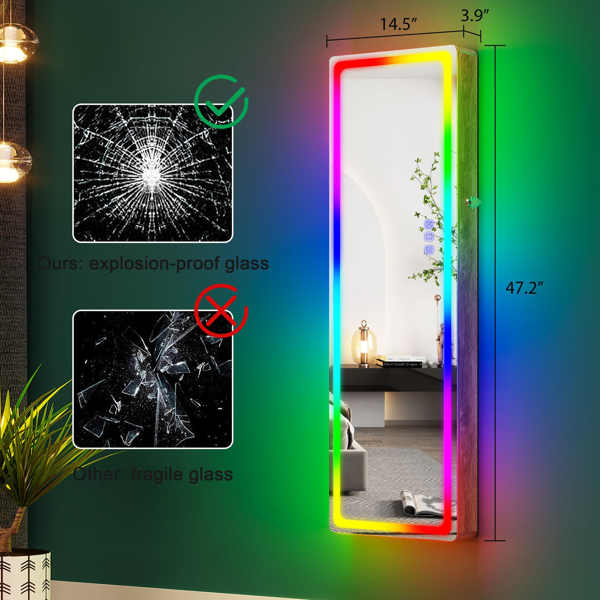 HNEBC LED Mirror Jewelry Cabinet with RGB Lights,47.2" Wall Mounted Jewelry Organizer with Full-Length Mirror,Over The Door Hanging Jewelry Armoire Storage Cabinet,Folding Dresser,2 Drawers,Lockable HNEBC