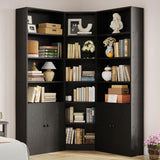 IRONCK Corner Bookshelf and Bookcase with 2 Storage Cabinets and 7 Tier Shelves, 71" Height Storage Shelves Corner Combination, Black IRONCK