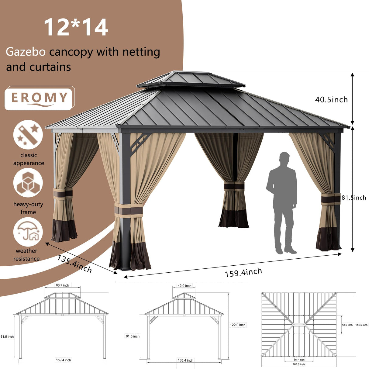RTDTD 12’x14’ Hardtop Gazebo Outdoor Aluminum Frame Permanent Gazebo Galvanized Steel Double Roof Pergola with Nettings and Curtains for Patio, Lawns,Backyard, Deck(Brown) RTDTD