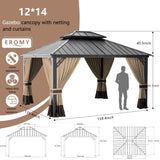 RTDTD 12’x14’ Hardtop Gazebo Outdoor Aluminum Frame Permanent Gazebo Galvanized Steel Double Roof Pergola with Nettings and Curtains for Patio, Lawns,Backyard, Deck(Brown) RTDTD