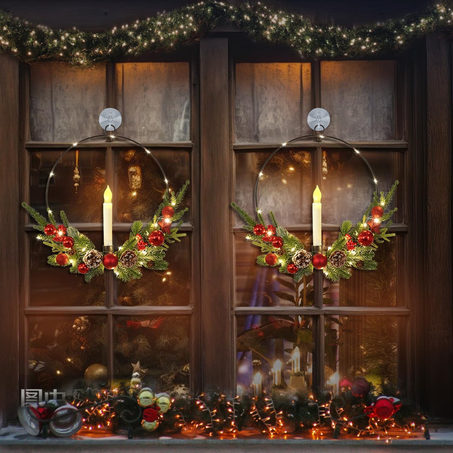 Dolicer 2 Pcs Christmas Wreaths for Front Door Window 12In Christmas Wreaths with LED Lighted Taper Candles and Remote Control Berries and Pine Cones Wreaths for Holiday Christmas Party Decoration