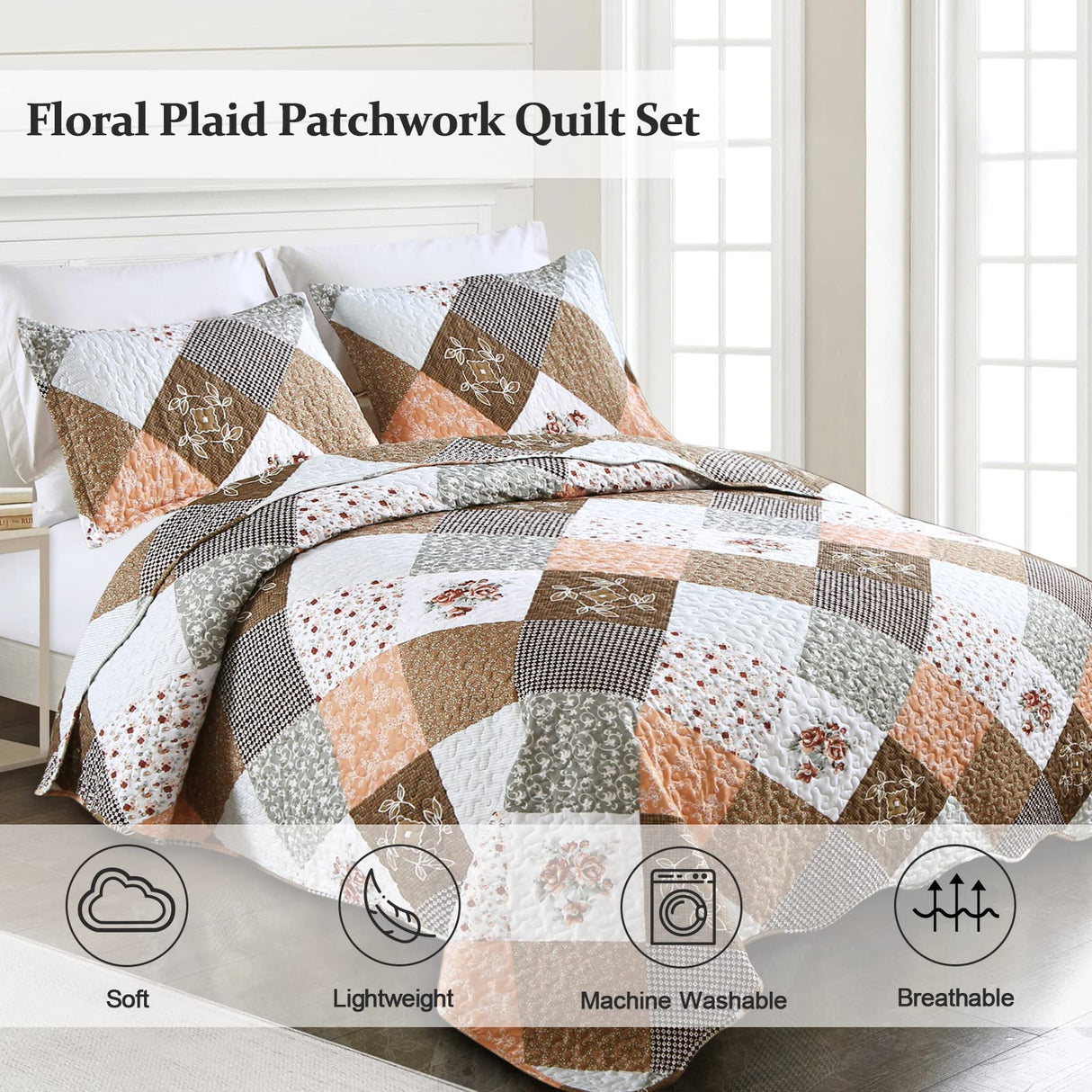 Dinjoy Floral Plaid Patchwork Quilt Set California King Size, Reversible Brown Bedding Set Soft Microfiber Lightweight Bedspread Coverlet 3 Piece Fall Autumn Use(106x96 inches, Cal King) Dinjoy