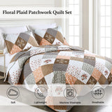 Dinjoy Floral Plaid Patchwork Quilt Set California King Size, Reversible Brown Bedding Set Soft Microfiber Lightweight Bedspread Coverlet 3 Piece Fall Autumn Use(106x96 inches, Cal King) Dinjoy