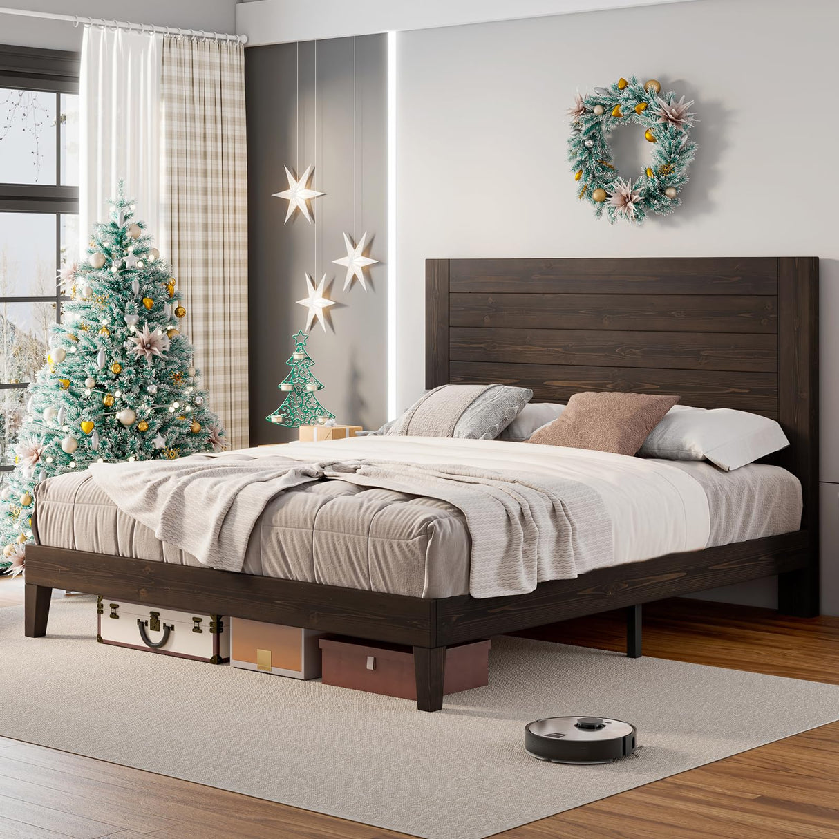 Mid-Century Modern Queen Size Solid Wood Bed Frame with 48" Headboard – Sturdy, Noise-Free Design in Dark Brown AMERLIFE