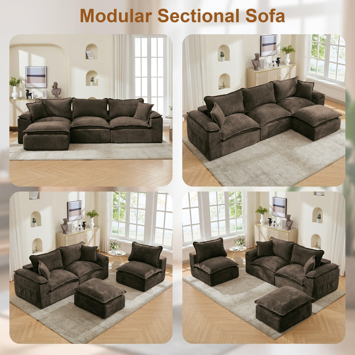 Korser 122" Sectional Couches for Living Room, Modular Boneless Couch with Deep Seat & Fluffy Cushion, Cozy Double-Layer Cushioned Sofa with Convertible Ottoman, Comfy Cloud Sofa, No Assembly Required Korser