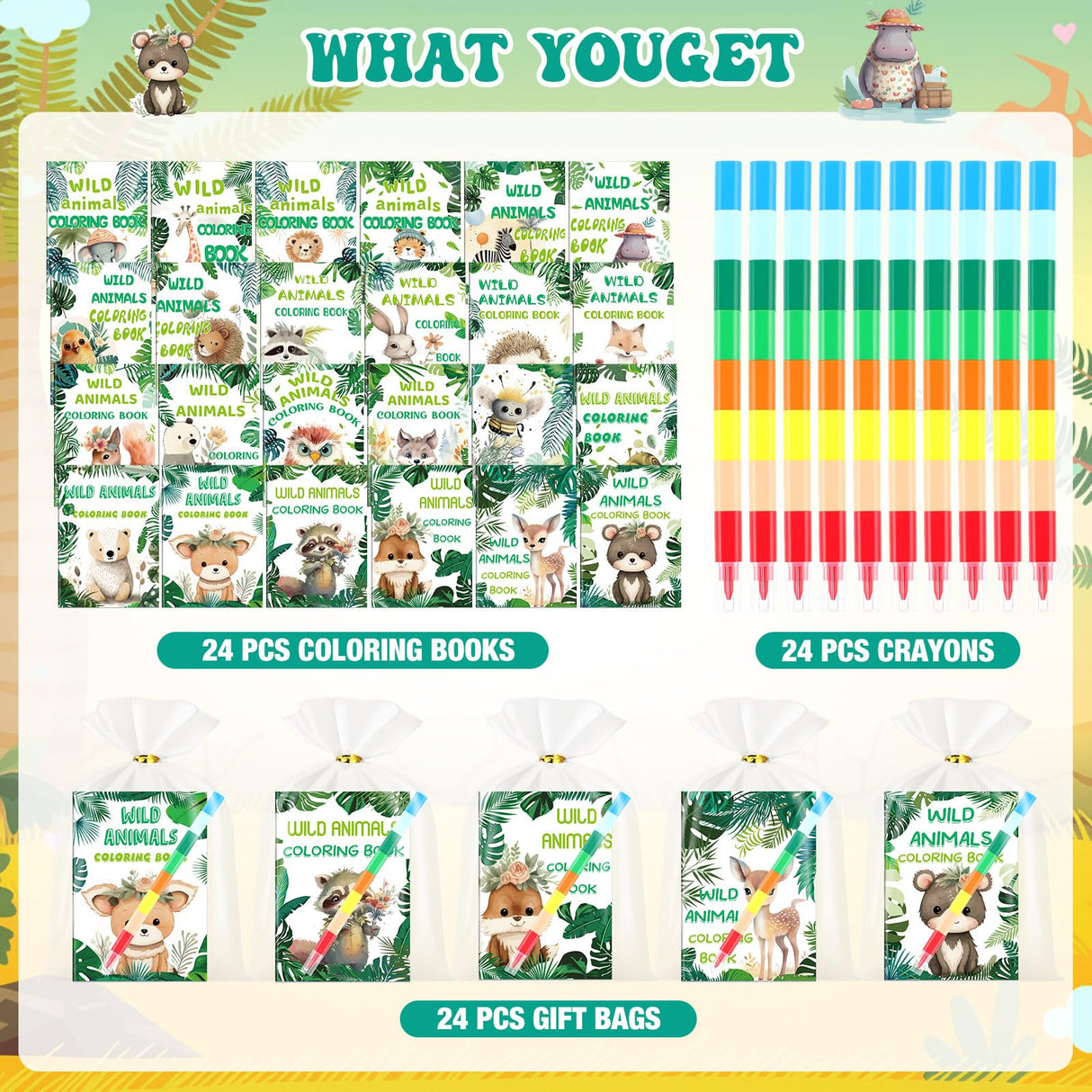 Sinload 24 Wildlife Theme Coloring Book Wild Animals Coloring Books Bulk with 24 Crayons Mini DIY Books for Art Stress Relief Drawing Book Stuffers Party Favors, Goodie Bag Filler and Holiday Gifts Sinload