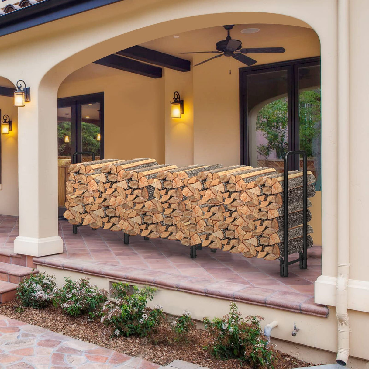 12ft Firewood Rack Outdoor Heavy Duty Log Rack Firewood Storage Rack Holder Steel Tubular Easy Assemble Fire Wood Rack for Patio Deck Adjustable Log Storage Stand for Outdoor Fireplace Tool MCKE