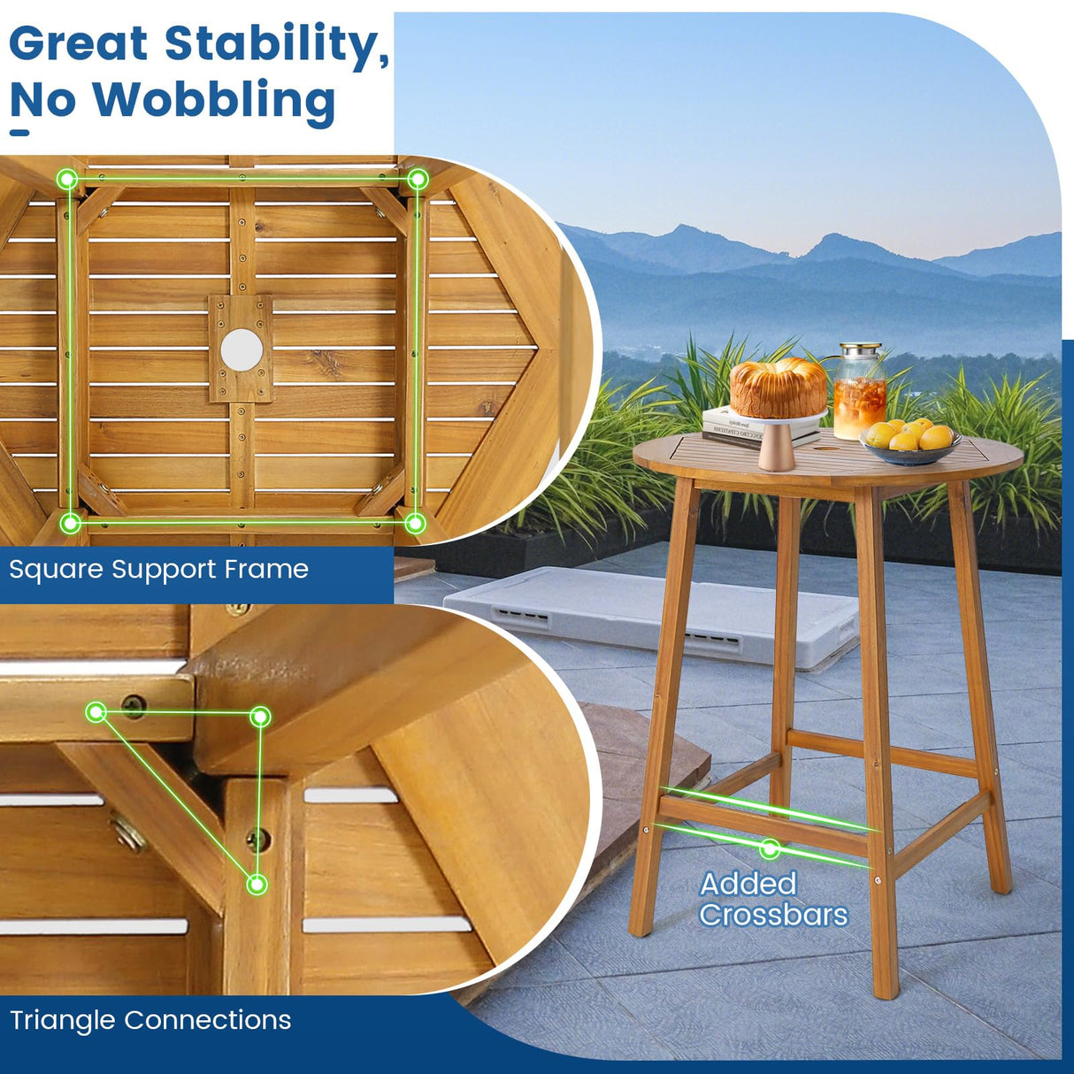 HAPPYGRILL 31.5” Round Bar Table, Bar Height Table with Umbrella Hole & Slatted Tabletop, Acacia Wood Patio Bistro Table, Side Table for Indoors Outdoors HAPPYGRILL
