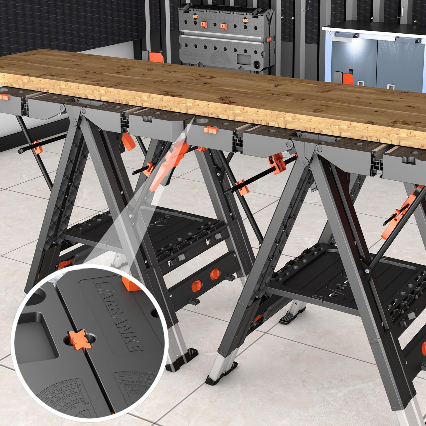 LARBANKE Combined Portable Folding Work Table,2-in-1 Sawhorse & Workbench,Waterproof Workbench with Extra Load Capacity with 8 Woodworking Clamps,8 Connecting Blocks,4 Limit Blocks - WoodArtSupply