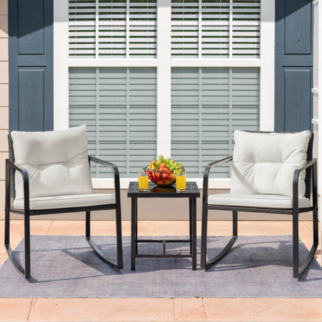 Flamaker Patio Chairs 3 Piece Wicker Rocking Chair Outdoor Bistro Sets with Coffee Table and Cushions Metal Frame Patio Furniture for Porch, Balcony, Lawn (White) Flamaker
