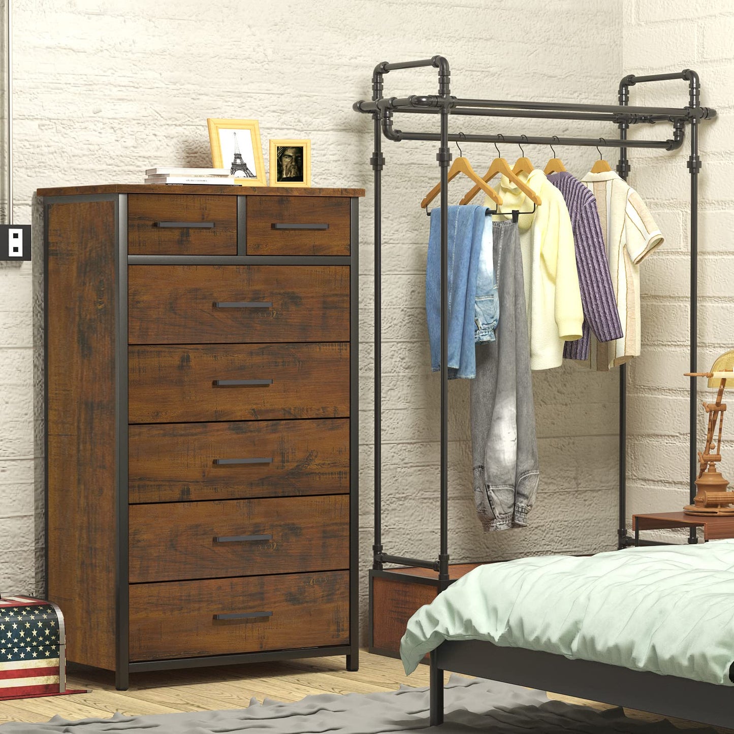 IKENO 7 Drawer Tall Dresser with Sturdy Metal Frame, Industrial Drawer Chest for Bedroom, Clothes Storage Cabinet - WoodArtSupply